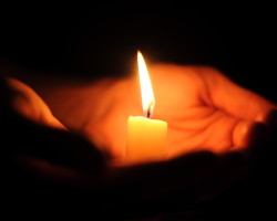 Candle on palms on a black background Candle on palms on a black background